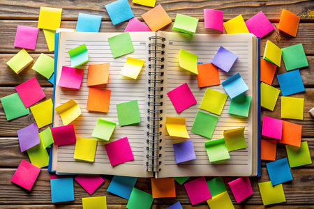 A book with colorful sticky notes scattered all over it. The notes are of different colors and sizes, and they are all over the bookの素材