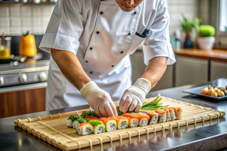 A chef is preparing sushi on a wooden cutting board. The sushi is being made with a variety of ingredients, including vegetables and fish. The chef is wearing gloves and a white apronの素材
