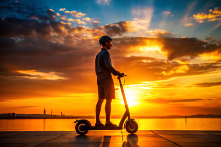 A man is riding a scooter on a beach at sunset. The sky is filled with clouds and the sun is setting, creating a beautiful and serene atmosphereの素材