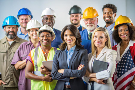 A group of people are holding hands in front of an American flag. The group consists of a mix of men and women, some wearing safety gear. Scene is positive and friendlyの素材