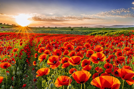 A field of red poppies with a bright sunny day. Scene is cheerful and upliftingの素材