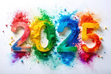 The year is 2025 and it is a colorful and vibrant year. The year is written in a unique and artistic way, using a mix of colors and shapes. The year is a symbol of hope and new beginningsの素材