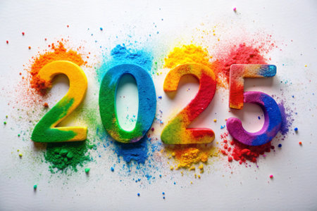 The year is 2025 and it is a colorful and vibrant year. The year is written in a unique and artistic way, using a mix of colors and shapes. The year is a symbol of hope and new beginningsの素材