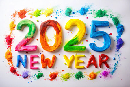The year is 2025 and it is a colorful and vibrant year. The year is written in a unique and artistic way, using a mix of colors and shapes. The year is a symbol of hope and new beginningsの素材
