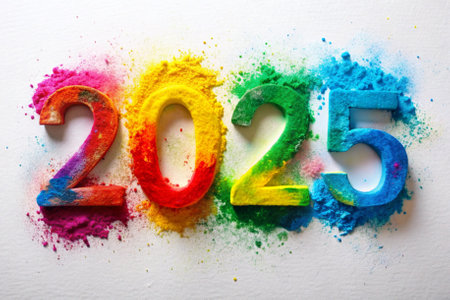 The year is 2025 and it is a colorful and vibrant year. The year is written in a unique and artistic way, using a mix of colors and shapes. The year is a symbol of hope and new beginningsの素材
