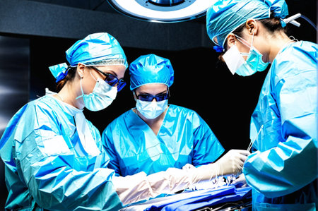 Three surgeons are working on a patient in a hospital. Scene is serious and focused, as the surgeons are performing a delicate procedureの素材