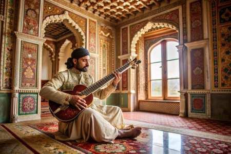 A man in a white robe sits on a rug playing a guitar. The room is decorated with colorful tiles and has a warm, inviting atmosphereの素材