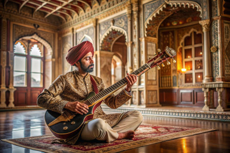 A man in a white robe sits on a rug playing a guitar. The room is decorated with colorful tiles and has a warm, inviting atmosphereの素材