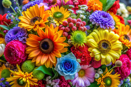 A bouquet of flowers with a rose in the middle. The flowers are of various colors, including yellow, pink, blue, and purple. The arrangement is vibrant and lively, conveying a sense of joyの素材