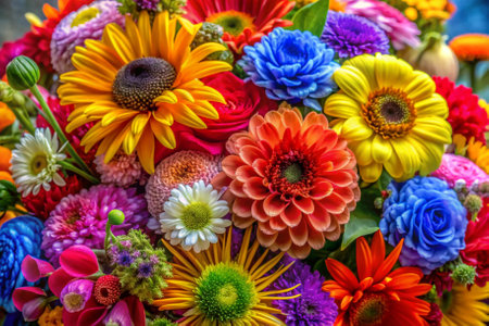 A bouquet of flowers with a rose in the middle. The flowers are of various colors, including yellow, pink, blue, and purple. The arrangement is vibrant and lively, conveying a sense of joyの素材