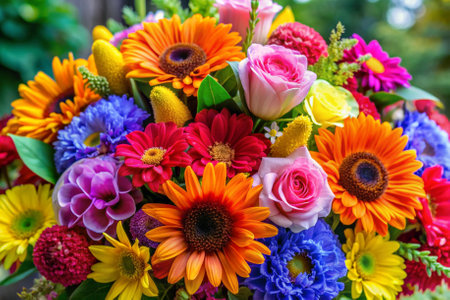 A bouquet of flowers with a rose in the middle. The flowers are of various colors, including yellow, pink, blue, and purple. The arrangement is vibrant and lively, conveying a sense of joyの素材