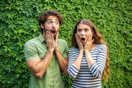 A man and a woman are standing in front of a green wall, with the woman looking shocked and the man looking surprisedの素材