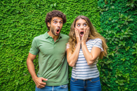 A man and a woman are standing in front of a green wall, with the woman looking shocked and the man looking surprisedの素材