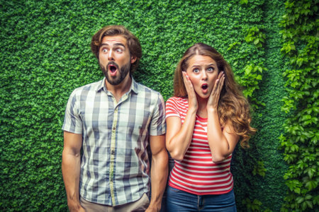 A man and a woman are standing in front of a green wall, with the woman looking shocked and the man looking surprisedの素材