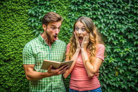 A man and a woman are standing in front of a green wall, with the woman looking shocked and the man looking surprisedの素材