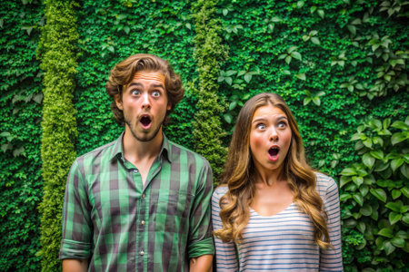 A man and a woman are standing in front of a green wall, with the woman looking shocked and the man looking surprisedの素材