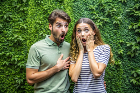 A man and a woman are standing in front of a green wall, with the woman looking shocked and the man looking surprisedの素材