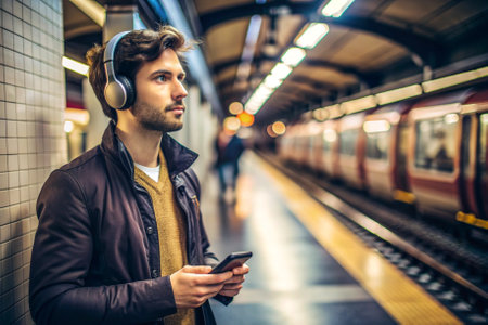 A man wearing a backpack and a gray coat is standing at a train station with his headphones on. He is holding a cell phone in his handの素材