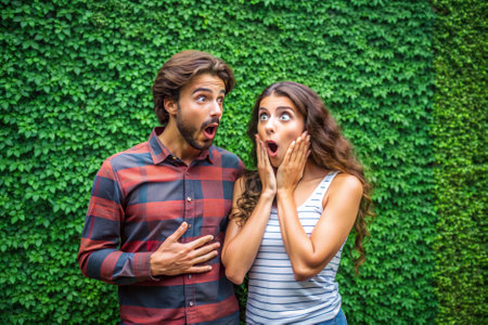 A man and a woman are standing in front of a green wall, with the woman looking shocked and the man looking surprisedの素材