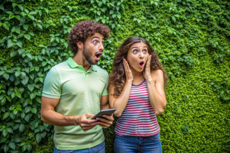 A man and a woman are standing in front of a green wall, with the woman looking shocked and the man looking surprisedの素材