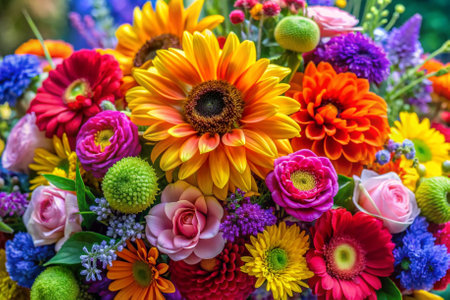 A bouquet of flowers with a rose in the middle. The flowers are of various colors, including yellow, pink, blue, and purple. The arrangement is vibrant and lively, conveying a sense of joyの素材