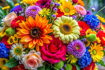 A bouquet of flowers with a rose in the middle. The flowers are of various colors, including yellow, pink, blue, and purple. The arrangement is vibrant and lively, conveying a sense of joyの素材