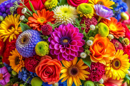 A bouquet of flowers with a rose in the middle. The flowers are of various colors, including yellow, pink, blue, and purple. The arrangement is vibrant and lively, conveying a sense of joyの素材