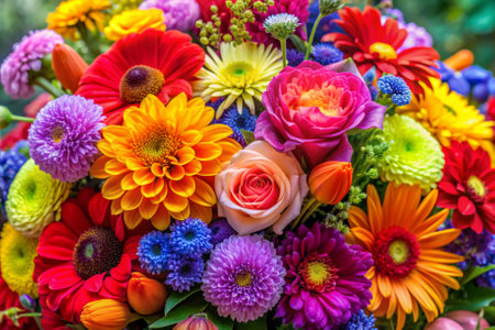 A bouquet of flowers with a rose in the middle. The flowers are of various colors, including yellow, pink, blue, and purple. The arrangement is vibrant and lively, conveying a sense of joyの素材