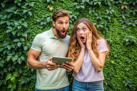 A man and a woman are standing in front of a green wall, with the woman looking shocked and the man looking surprisedの素材
