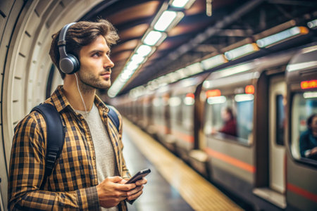 A man wearing a backpack and a gray coat is standing at a train station with his headphones on. He is holding a cell phone in his handの素材
