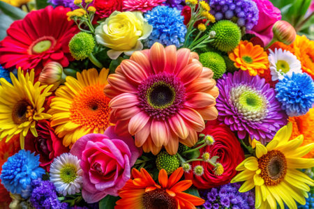 A bouquet of flowers with a rose in the middle. The flowers are of various colors, including yellow, pink, blue, and purple. The arrangement is vibrant and lively, conveying a sense of joyの素材