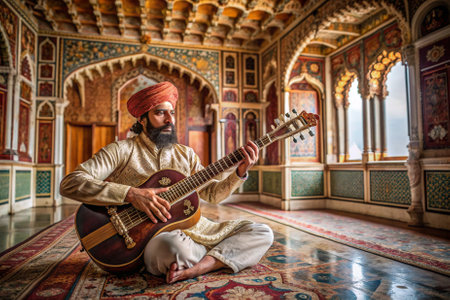 A man in a white robe sits on a rug playing a guitar. The room is decorated with colorful tiles and has a warm, inviting atmosphereの素材