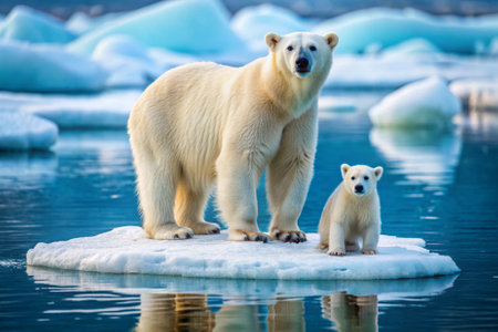 Two polar bears standing on a block of ice. The mother bear is larger than the baby bearの素材