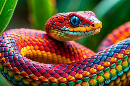 A colorful snake with a blue head and red and yellow stripes. The snake is curled up on a logの素材