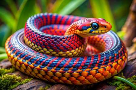 A colorful snake with a blue head and red and yellow stripes. The snake is curled up on a logの素材