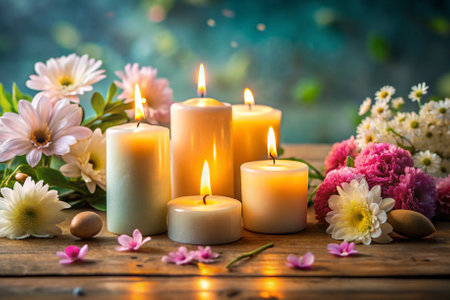 A table is covered with a variety of candles, including some with flowers on them. The candles are lit and create a warm, inviting atmosphereの素材