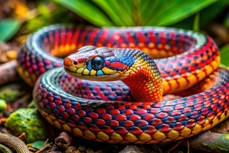 A colorful snake with a blue head and red and yellow stripes. The snake is curled up on a logの素材