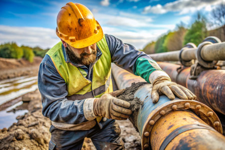 A man in a yellow hard hat is working on a pipe. Concept of hard work and dedication, as the man is focused on his task despite the challenging conditionsの素材