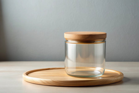 A glass jar with a wooden lid sits on a wooden tray. The tray is placed on a gray surfaceの素材