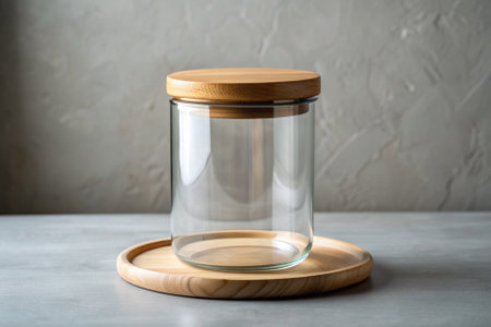 A glass jar with a wooden lid sits on a wooden tray. The tray is placed on a gray surfaceの素材