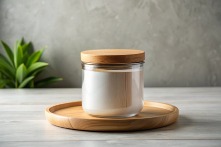 A glass jar with a wooden lid sits on a wooden tray. The tray is placed on a gray surfaceの素材