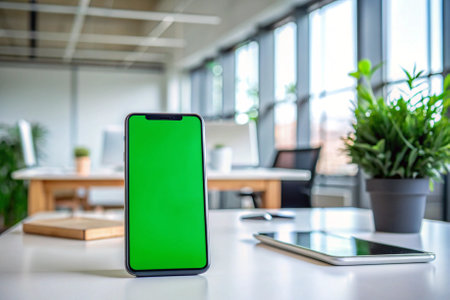 A green tablet sits on a table in front of a potted plant. The tablet is turned off, but it is still on the tableの素材