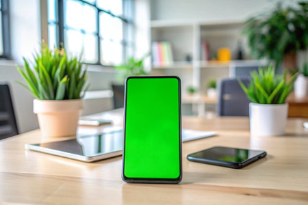 A green tablet sits on a table in front of a potted plant. The tablet is turned off, but it is still on the tableの素材