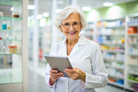 A woman in a white lab coat is smiling and holding a tablet. She is in a pharmacyの素材