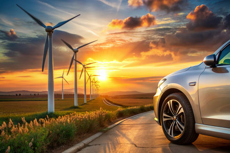 A car is parked next to a wind farm. The car is electric and has a charging port. The sun is setting in the background, creating a warm and peaceful atmosphereの素材