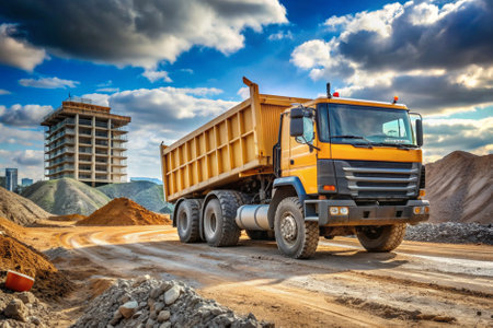 A large yellow dump truck is driving down a dirt road. The sky is cloudy and the sun is shining through the clouds. The truck is surrounded by a pile of dirt, and there is a crane in the backgroundの素材