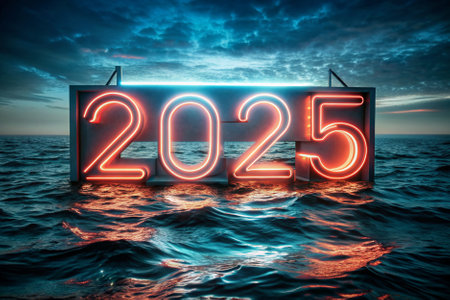 A glowing text of the number 2025 on a dark blue ocean. The glowing text creates a sense of excitement and anticipation for the future. The ocean itself is calm and sereneの素材