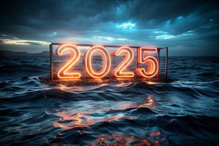 A glowing text of the number 2025 on a dark blue ocean. The glowing text creates a sense of excitement and anticipation for the future. The ocean itself is calm and sereneの素材