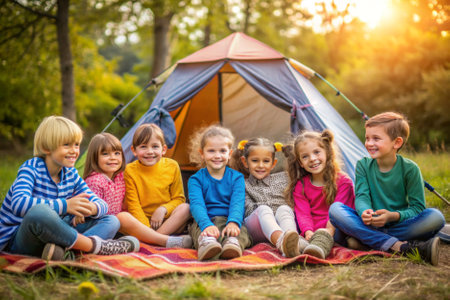 A group of children are sitting around a tent, smiling and enjoying their time together. Concept of camaraderie and happiness, as the children are likely spending time outdoorsの素材
