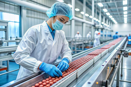A woman in a lab coat is working with food in a factory. She is wearing a mask and glovesの素材